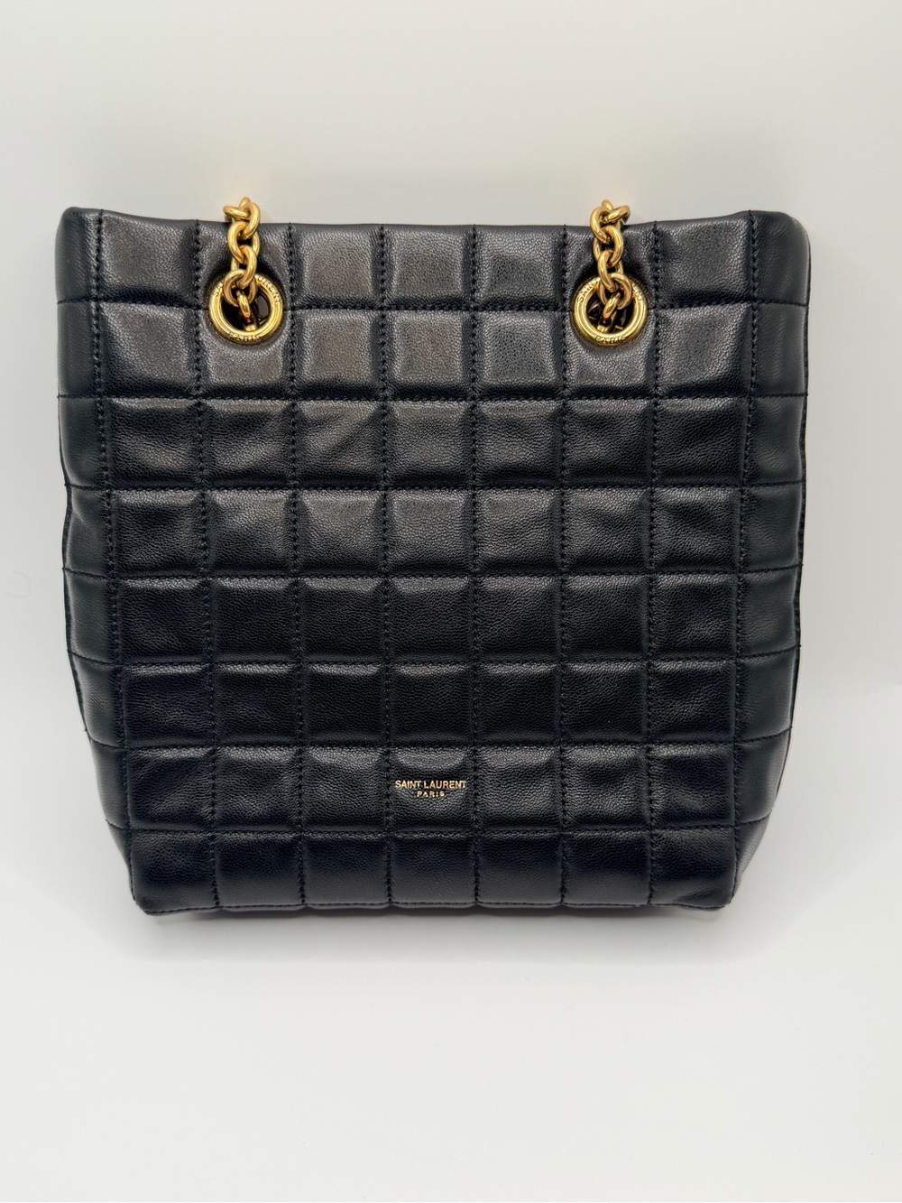 Saint Laurent Black Quilted Leather Tote with Gold Chain Handles